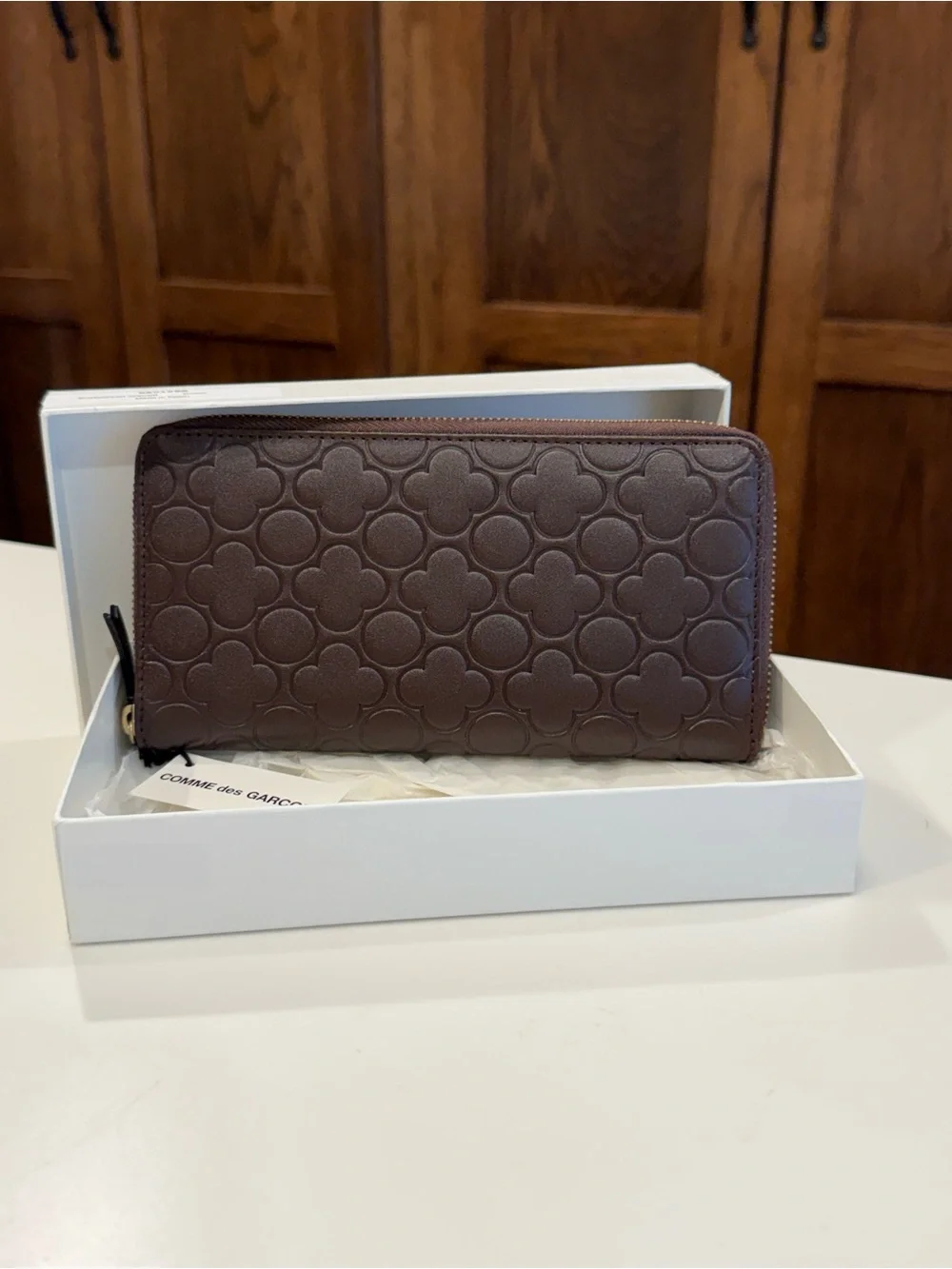 Comme des Garcons Embossed Clover Zip Wallet in Dark Brown